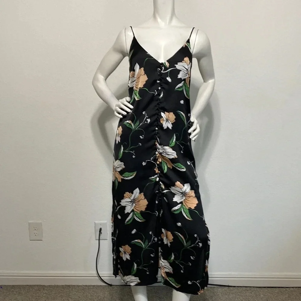 Bardot Black Hibiscus Floral Button Front Satin Midi Slip Dress Size 4
